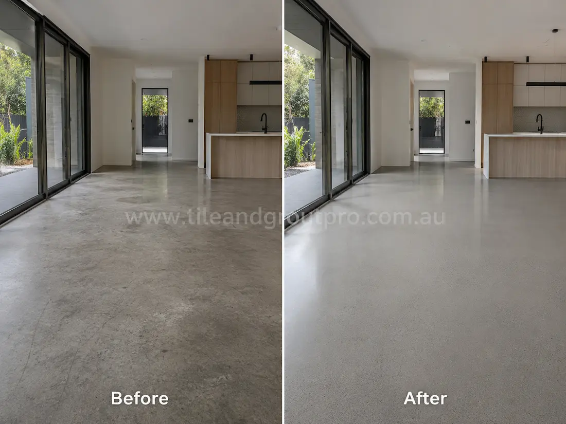 Before and after polished concrete grinding in a modern open-plan home with dull grey concrete flooring restored to a smooth bright finish.