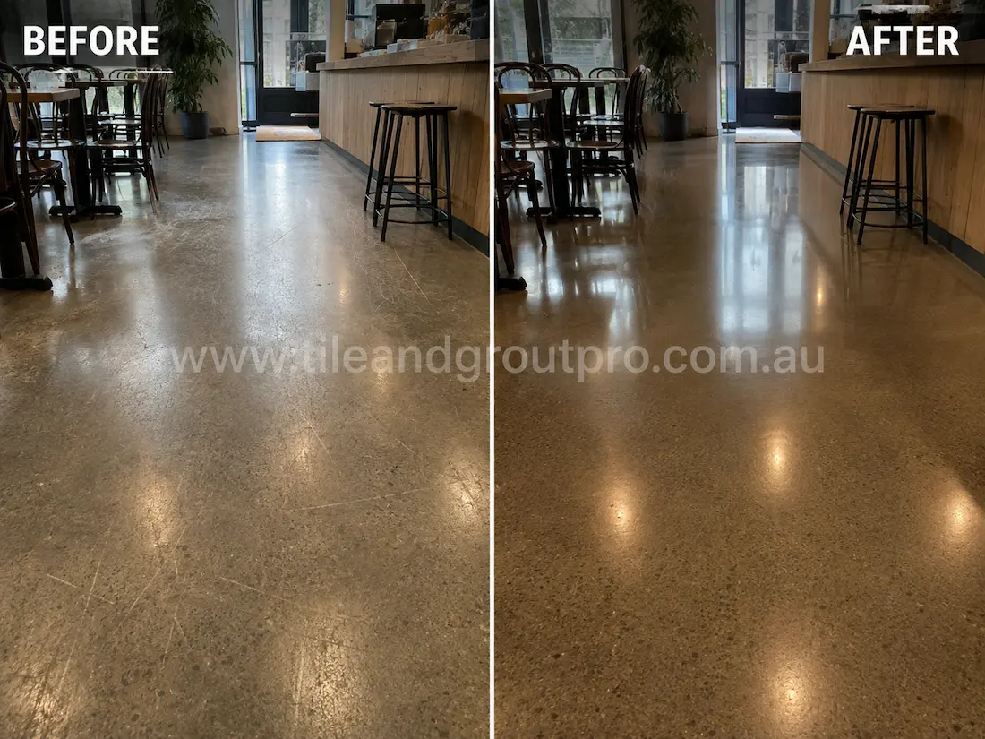 Polished concrete cafe floor with noticeable scratches, dull traffic patterns, and worn finish before scratch removal and polishing restoration.