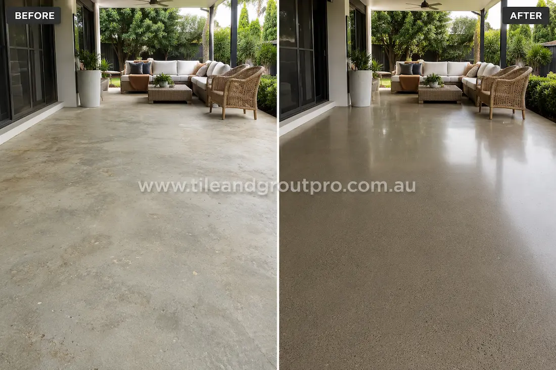 Before stone polishing, the polished concrete outdoor entertaining area floor looked weathered and uneven with minimal shine around the covered patio seating space.