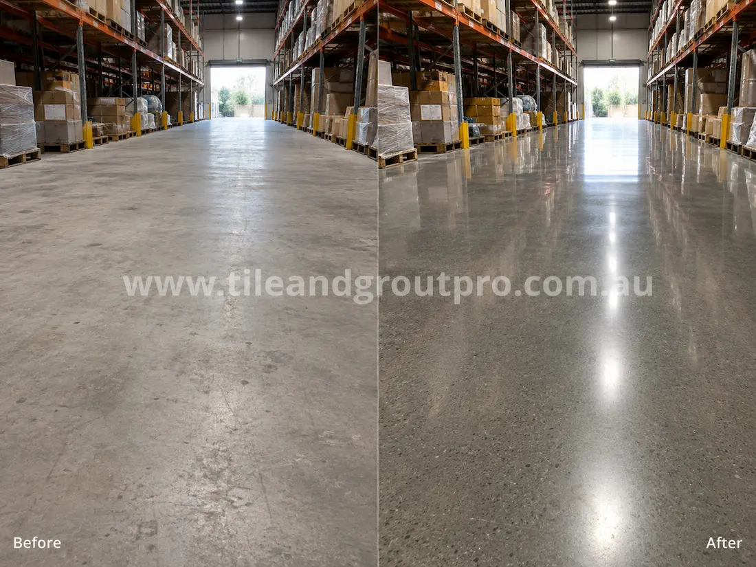 Before stone polishing, the polished concrete warehouse floor appeared dull and lightly stained with reduced clarity and surface wear throughout the industrial storage aisle.