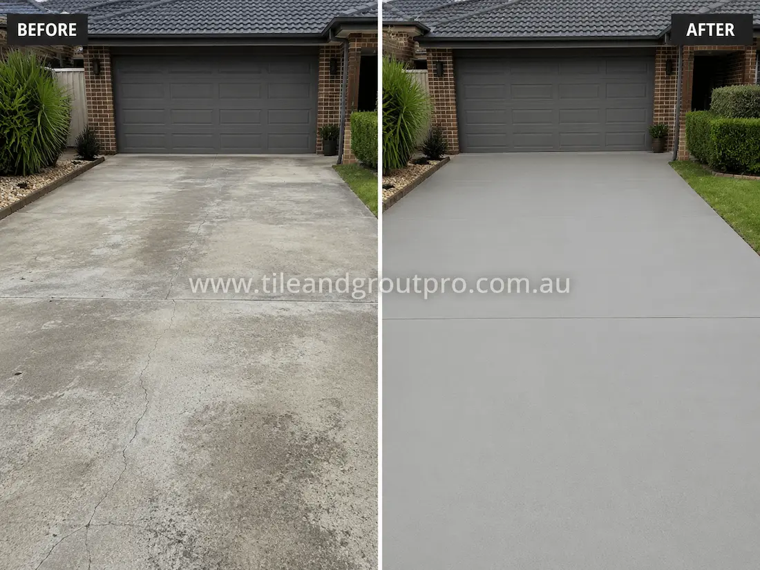 Before and after concrete tile resurfacing of a residential driveway, showing aged concrete with surface staining and hairline cracking restored to a smooth light-grey finish in front of a double garage.