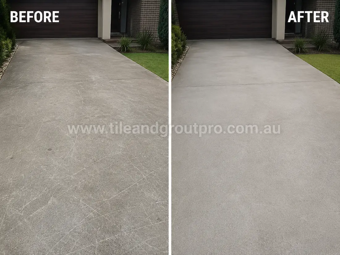 Residential concrete driveway with visible scratch lines, tyre scuffs, and surface wear before scratch removal and resurfacing service.