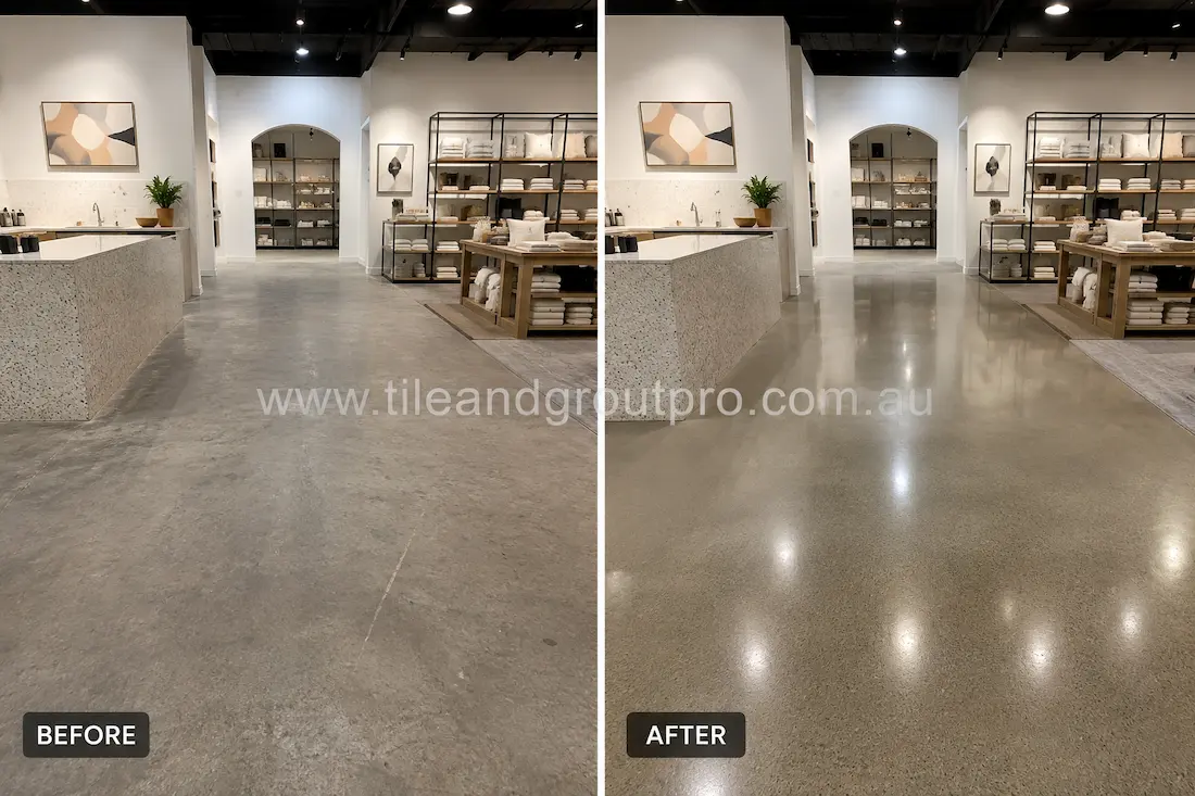Before concrete polishing, the retail showroom concrete floor had a faded matte finish with visible wear marks in a modern homewares store interior.