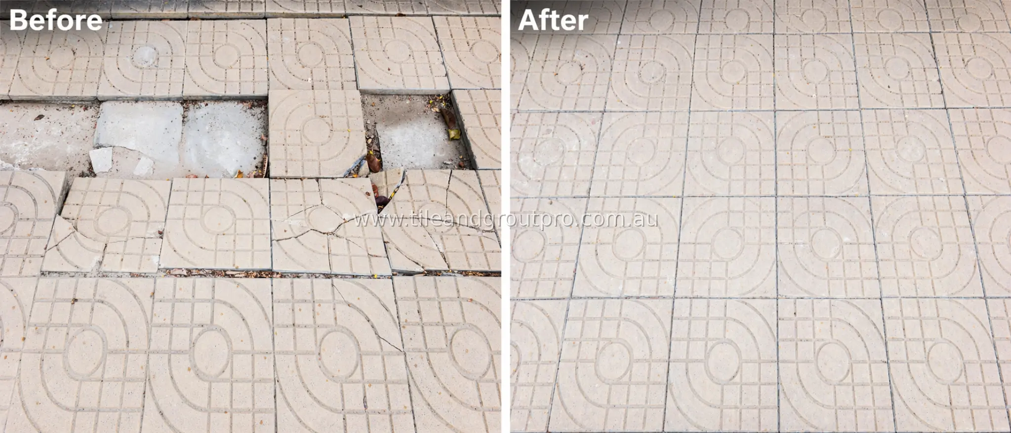 Tiles before and after repair showing broken and missing sections replaced and surface restored