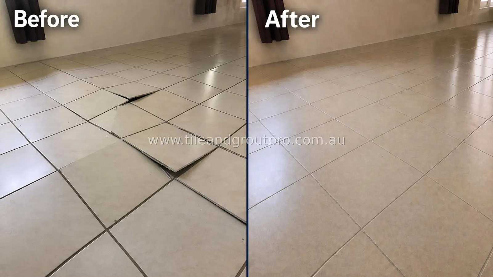 Floor tiles before and after repair with lifted and uneven tiles reset and leveled