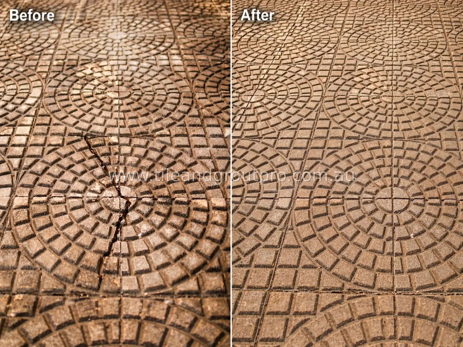 Patterned tiles before and after crack repair with surface restored and lines aligned