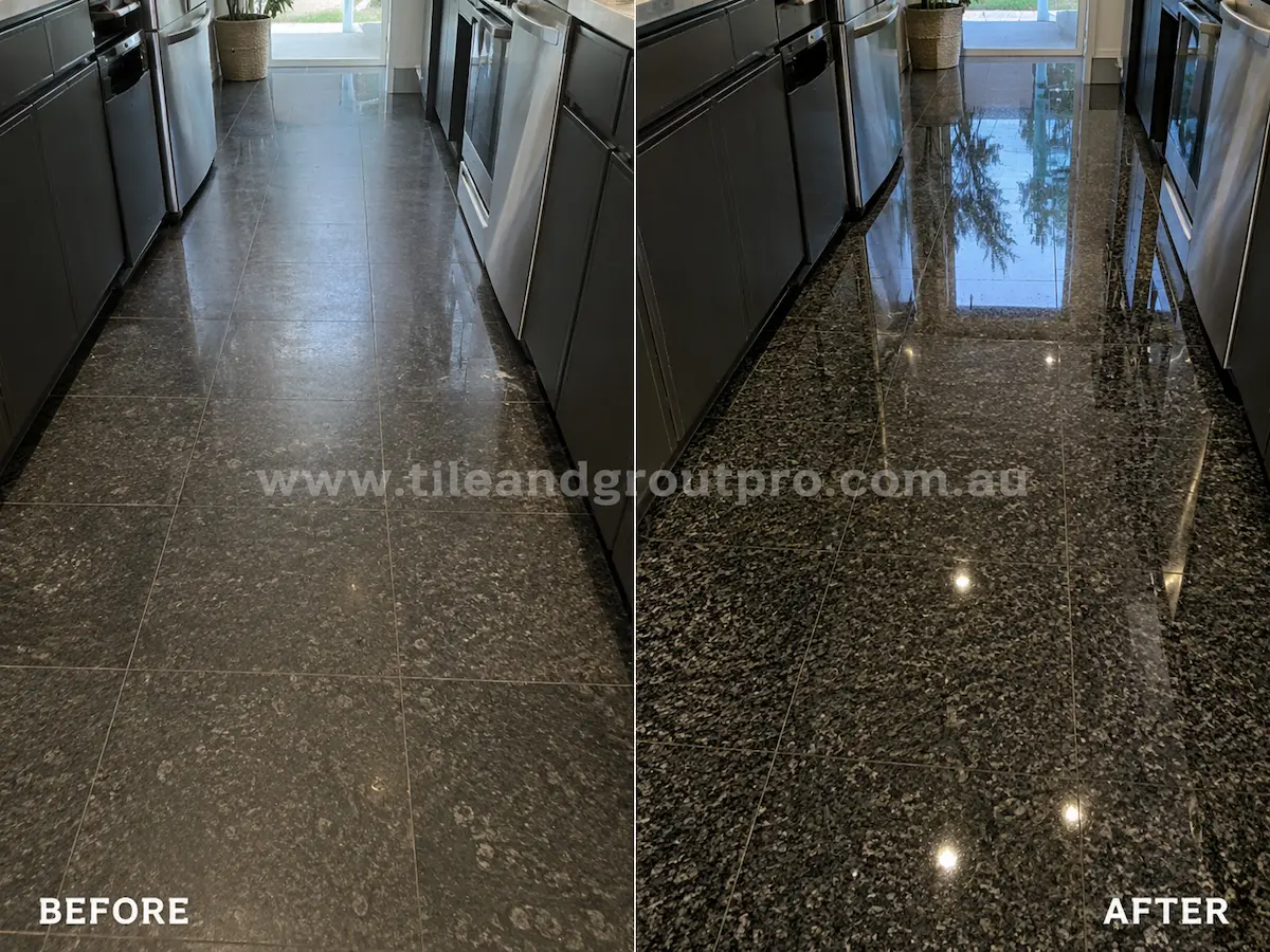 Before-and-after comparison of black granite kitchen floor tiles with dull sealer haze, faded finish, and low shine before Sealer Stripping. 