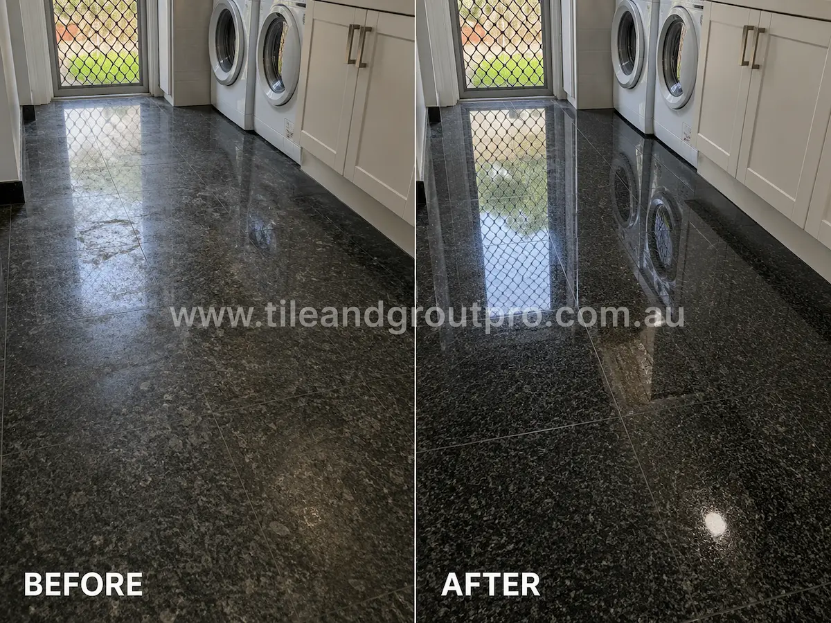 Before-and-after comparison of black granite laundry room floor tiles with cloudy sealer residue, uneven gloss, and surface dullness before Sealer Stripping. 