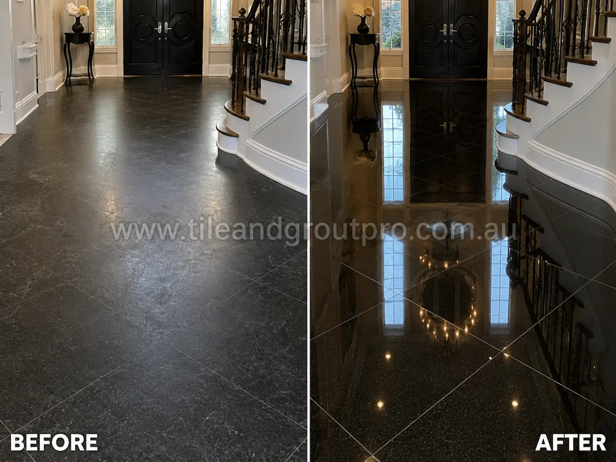 Before-and-after comparison of black stone foyer floor tiles with dull sealer residue, muted shine, and visible surface wear before Sealer Stripping. 
