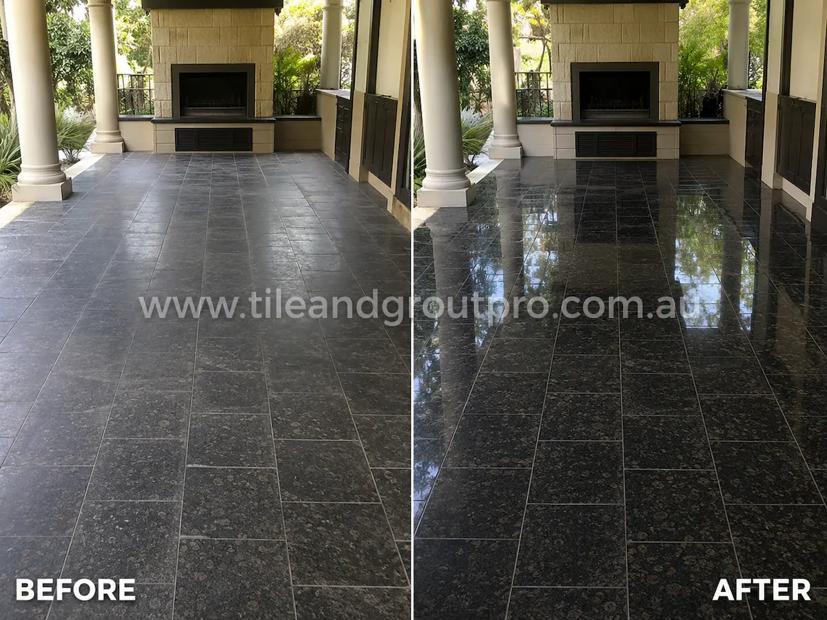 Before-and-after comparison of outdoor black granite patio floor tiles with faded sealer coating, surface dullness, and reduced clarity before Sealer Stripping. 