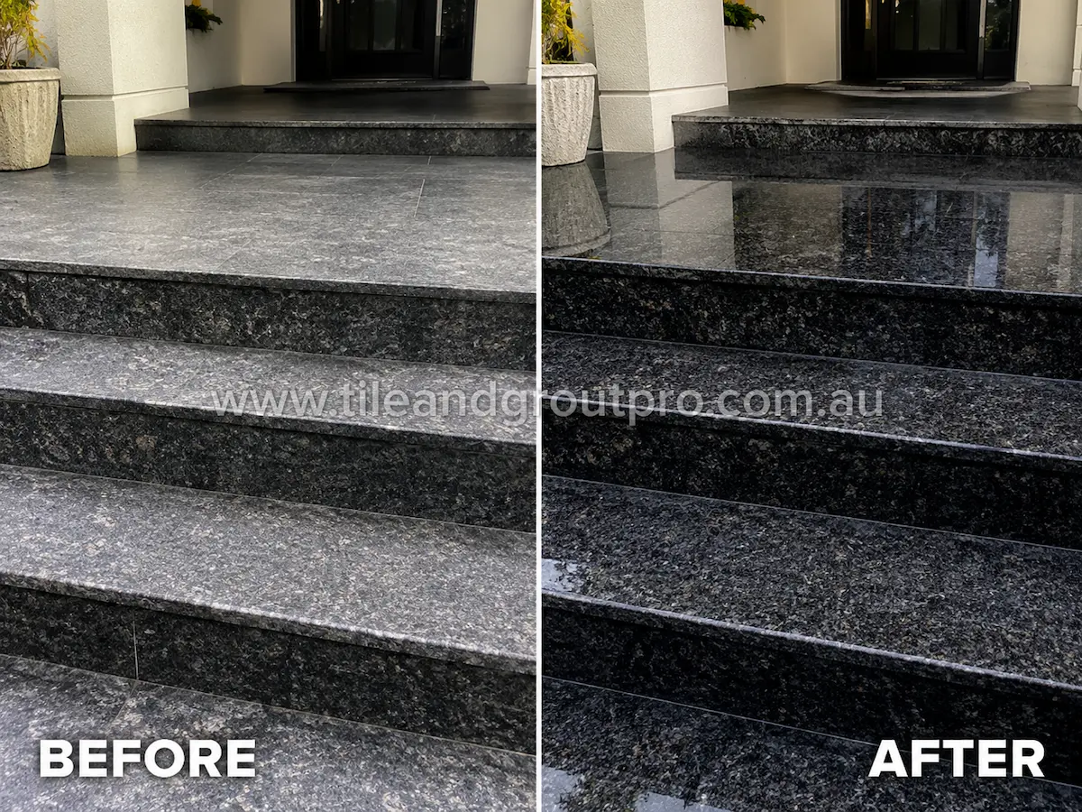 Before-and-after comparison of outdoor black granite entry steps with faded sealer coating, dull appearance, and weathered finish before Sealer Stripping. 