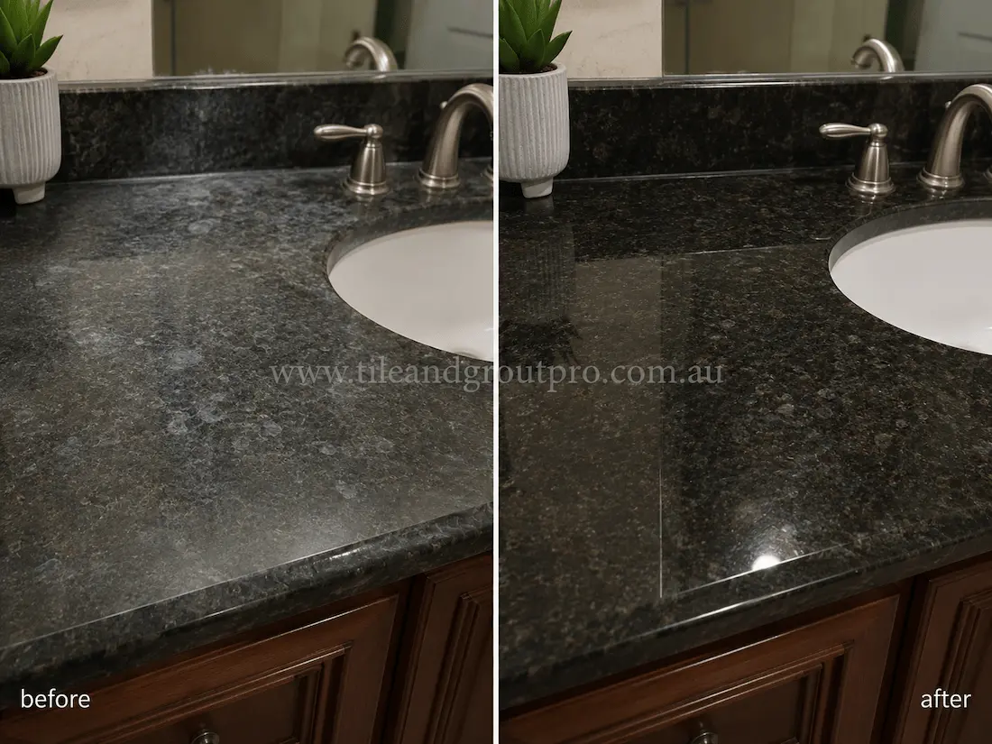 Black granite bathroom vanity countertop with undermount sink, affected by water spots, etching, and a cloudy worn finish before professional granite resurfacing and polishing.