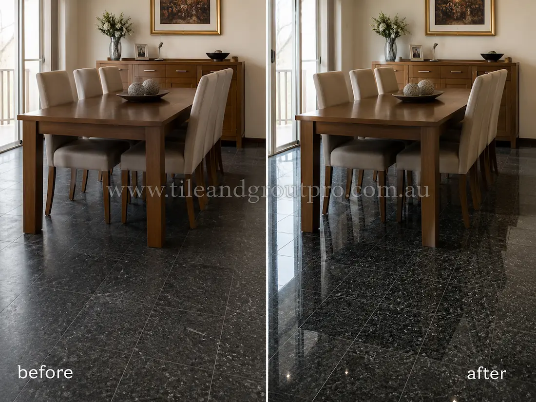 Before stone polishing, the black granite dining room floor tiles looked faded and low-gloss beneath a timber dining table and upholstered chairs in a modern residential dining area.