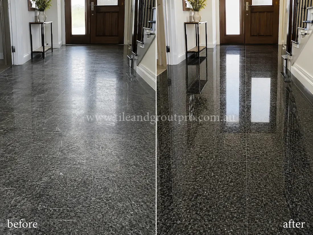 Residential entry hallway with black granite floor tiles before and after scratch removal, showing scratched dull stone flooring restored to a high-gloss reflective finish.