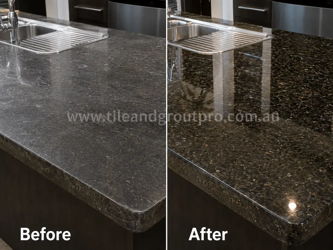 Black granite kitchen countertop with integrated sink and drainer, displaying etching, fine scratches, and a faded finish before granite resurfacing and polishing.