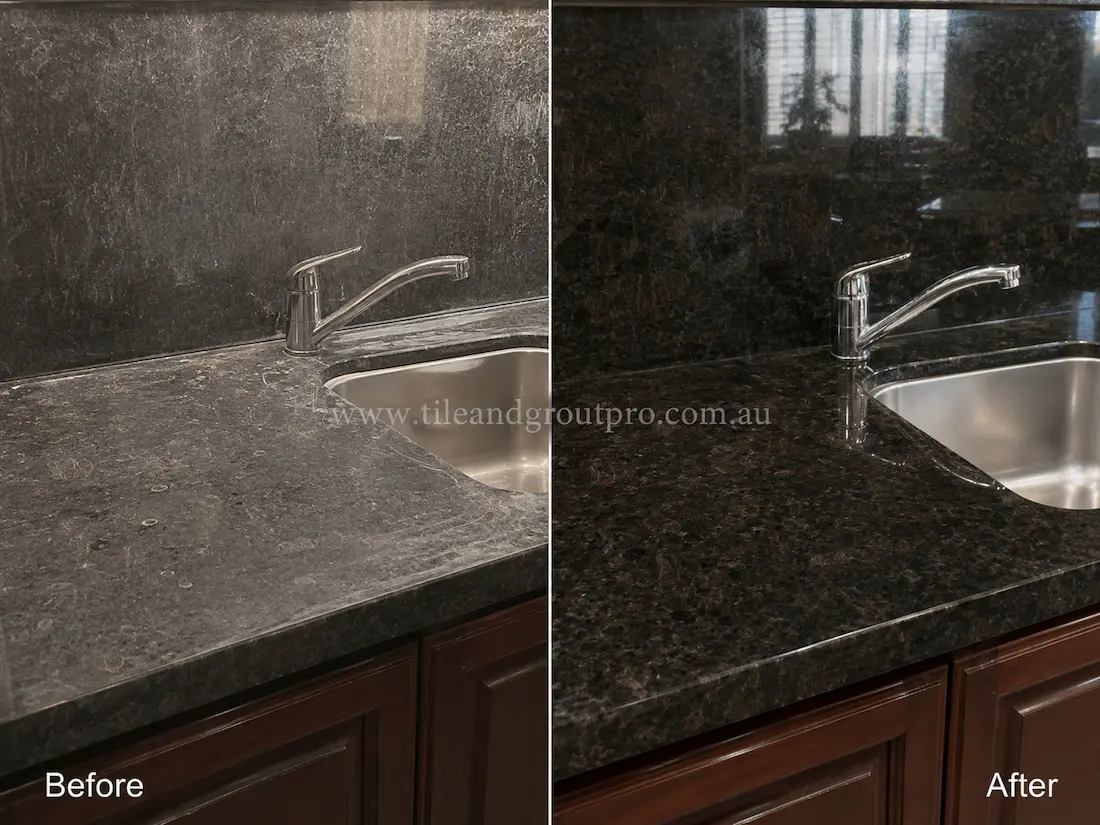 Black granite kitchen countertop and splashback around a sink area with water marks, surface haze, scratches, and reduced shine before granite resurfacing and restoration.