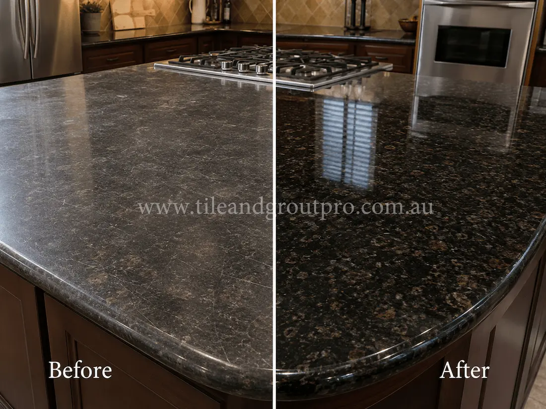 Black granite kitchen island countertop surrounding a cooktop, showing surface scratches, dullness, and worn polish before professional granite resurfacing and restoration.