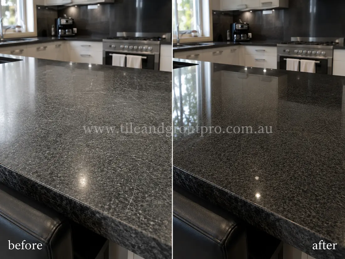 Modern kitchen island with black granite countertop before and after scratch removal, showing visible surface scratches restored to a smooth reflective polished stone finish.