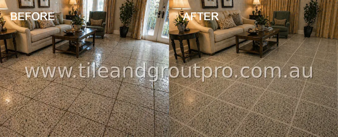 Granite floor in living area before and after regrouting with restored grout lines and enhanced look
