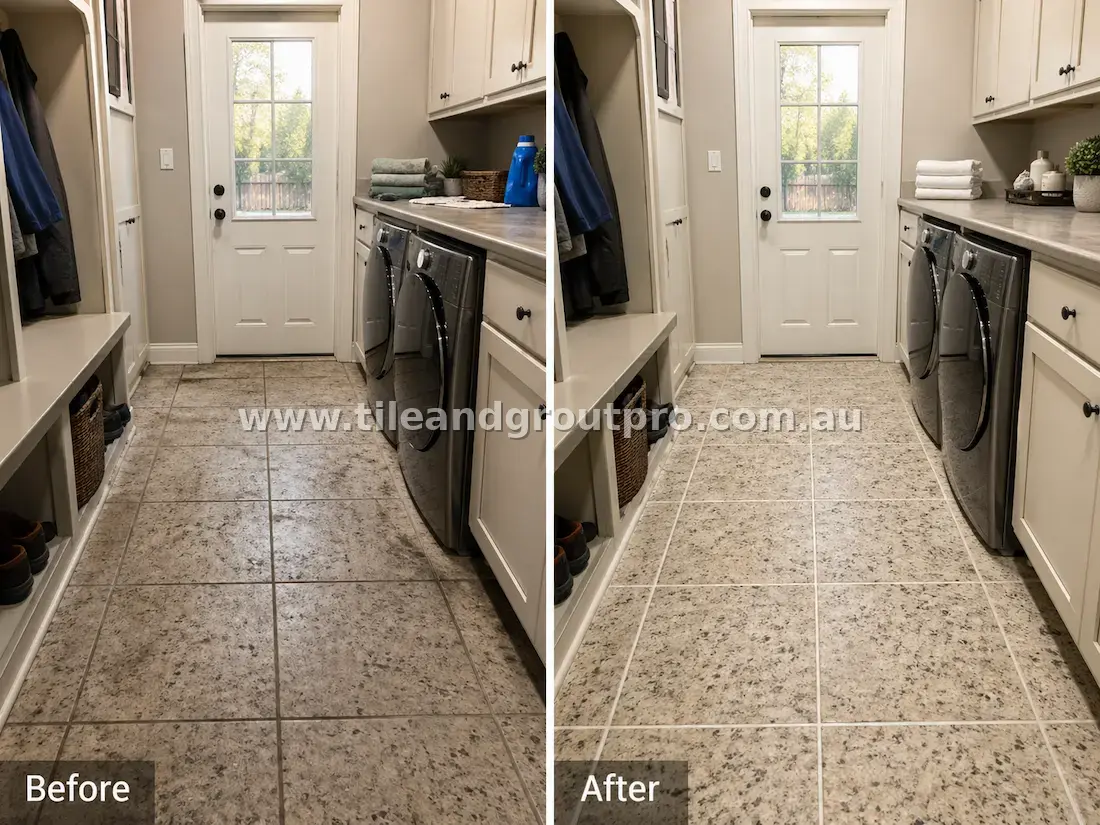 Granite natural stone floor tiles in a laundry room with embedded dirt, stains, and dark grout lines before tile and grout cleaning