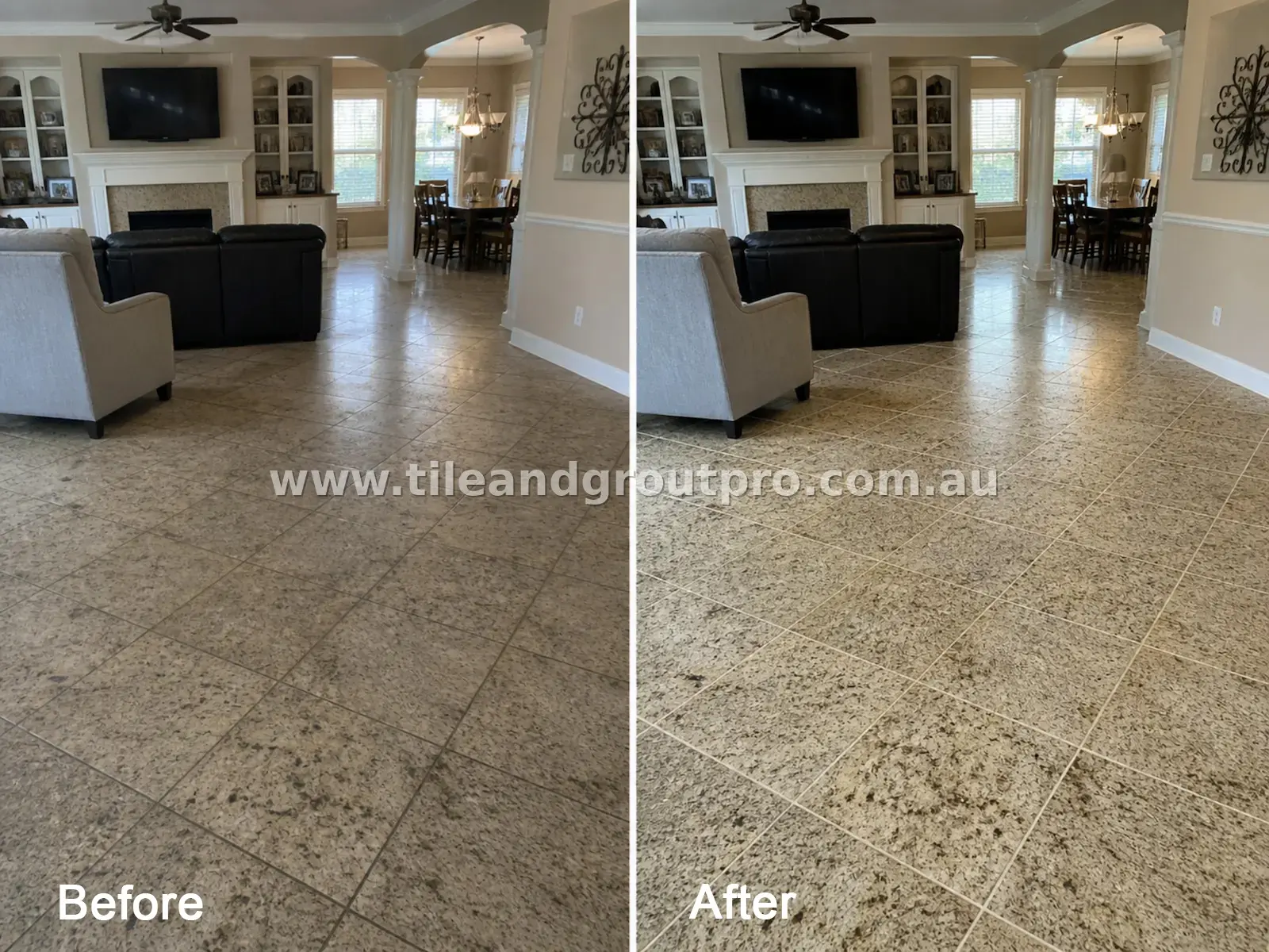 Granite natural stone floor tiles in an open-plan living and dining area showing dull finish, light grime, and dirty grout lines before tile and grout cleaning