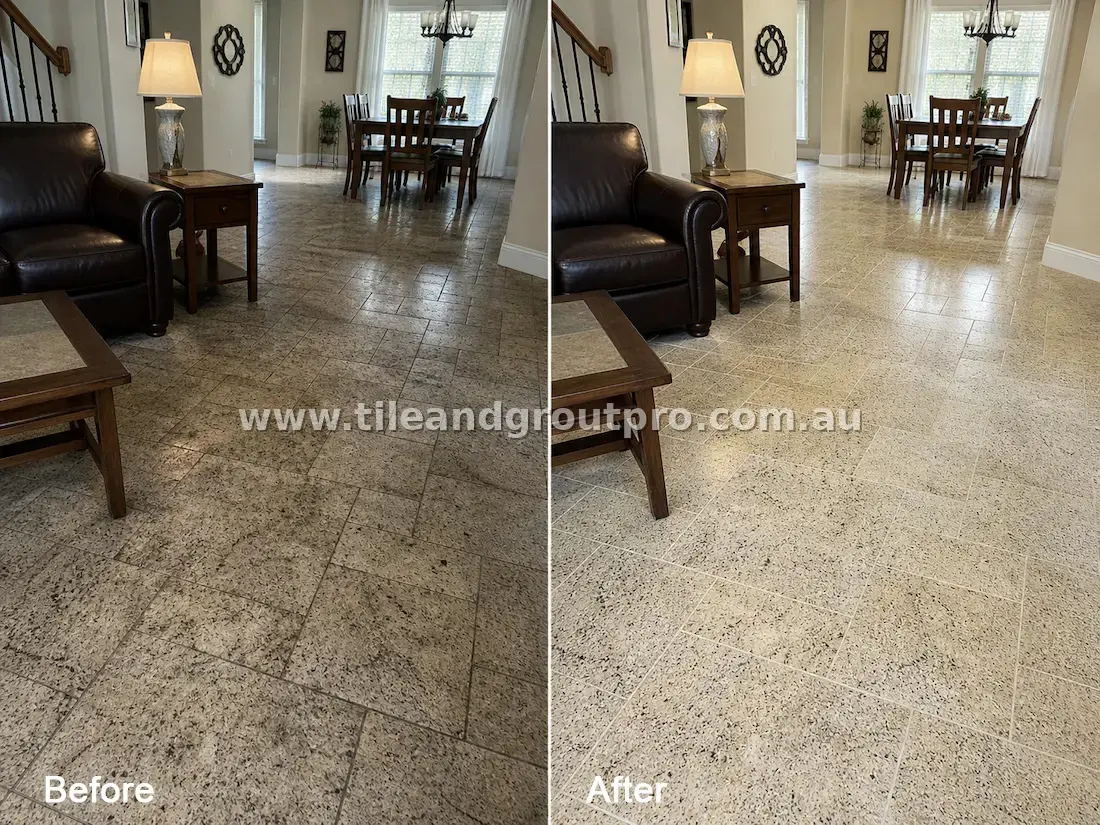 Granite natural stone floor tiles in a large open-plan living room with heavy soil buildup, dull finish, and dirty grout lines before tile and grout cleaning