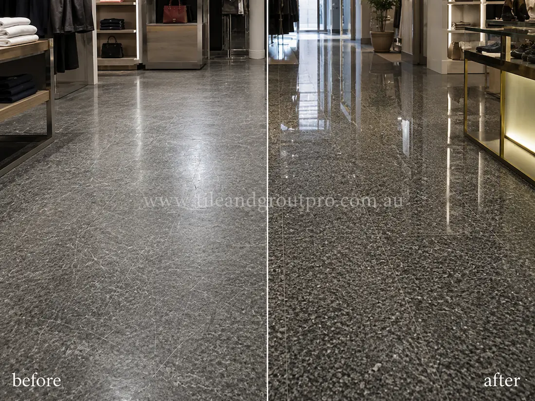 Retail store interior with grey granite floor tiles before and after scratch removal, showing scratched and dull stone flooring restored to a clean polished appearance.