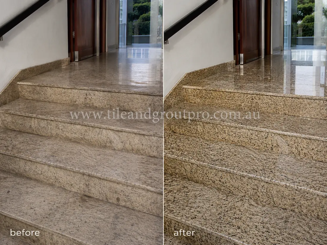 Before tile renewal, the polished granite staircase and entry landing showed dull traffic wear, light staining, and reduced surface shine in the residential hallway.