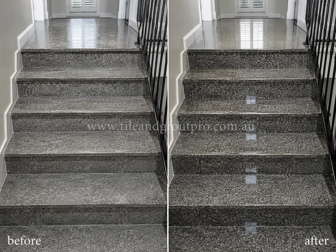 Indoor staircase with grey granite step tiles before and after scratch removal, showing scratched stone stairs restored to a polished high-shine finish.