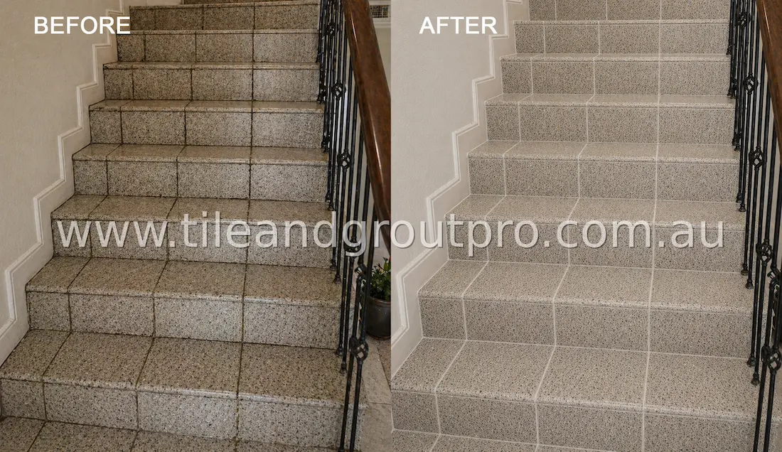 Granite tile stairs before and after regrouting with clean uniform grout lines and refreshed appearance