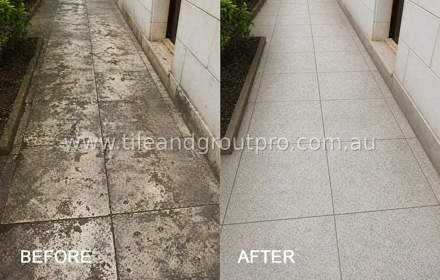 Outdoor granite walkway restoration before and after removing heavy dirt, discoloration, and restoring clean uniform surface