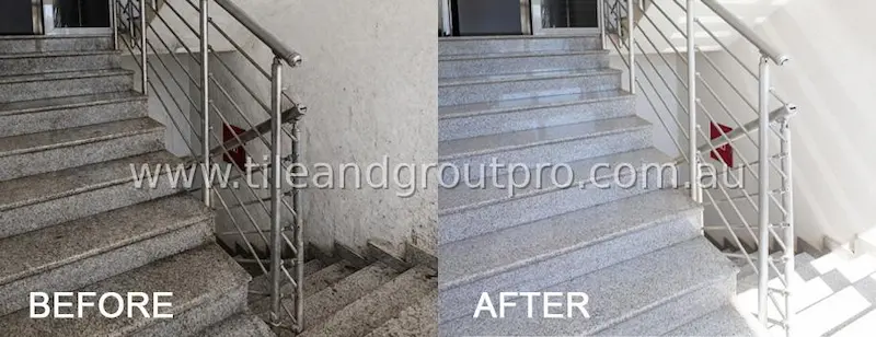 Indoor granite stair polishing before and after showing brighter finish, stain removal, and refreshed stone appearance