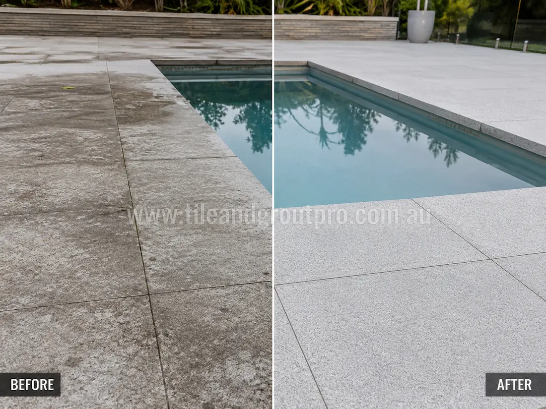 Poolside granite pavers before grinding, showing dirty textured stone tiles, weather exposure, and dark staining around the swimming pool area.