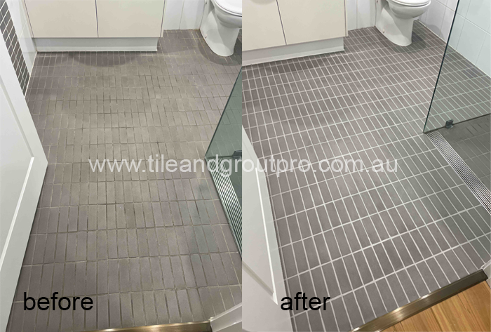 Bathroom floor tiles before and after regrouting showing uniform grout lines and refreshed appearance
