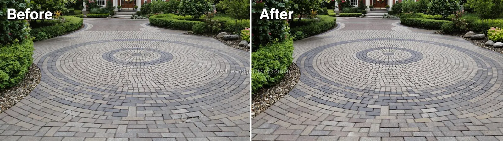 Circular driveway pavers before and after repair showing cracked sections restored and pattern aligned