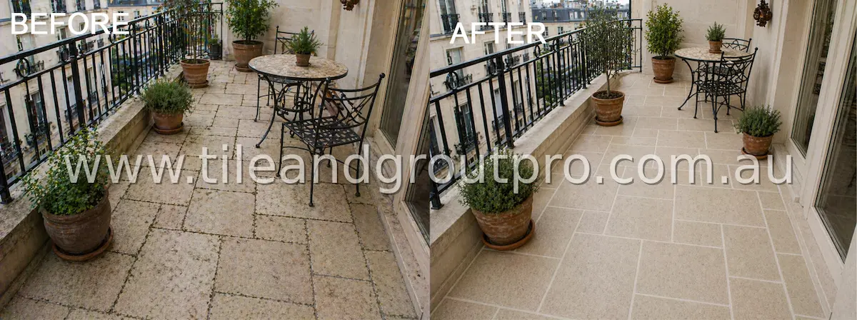 Balcony limestone tile flooring before and after regrouting showing clean grout lines and restored outdoor surface
