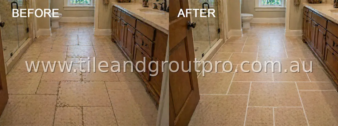 Bathroom limestone tile floor before and after regrouting showing restored grout lines and clean shower area tiles