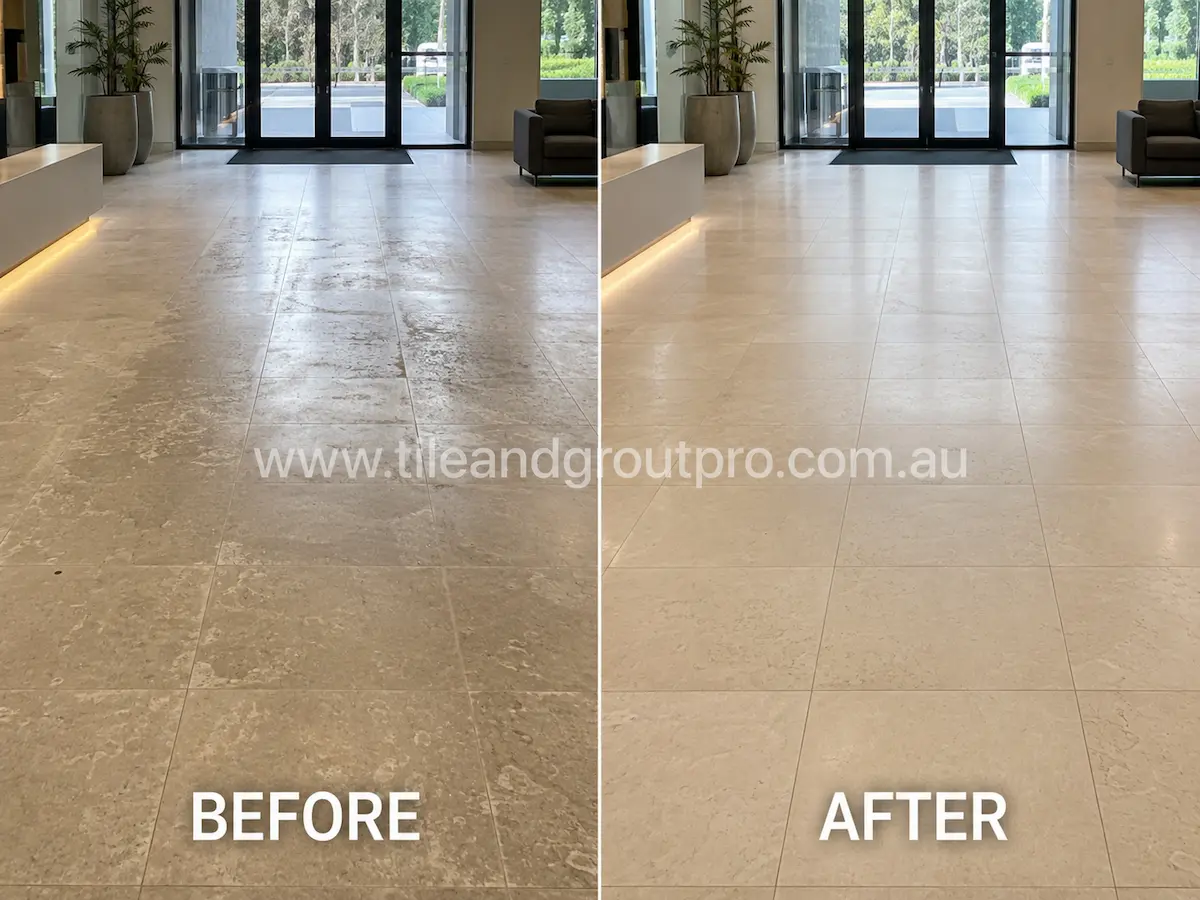 Before-and-after comparison of commercial lobby limestone floor tiles with worn sealer coating, dull traffic areas, and uneven surface appearance before Sealer Stripping.
