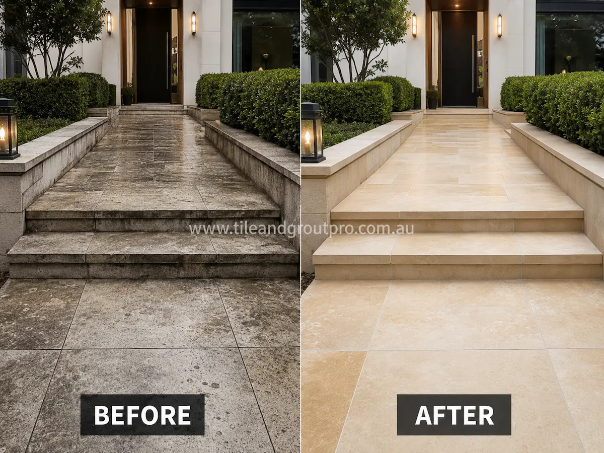 Before-and-after comparison of front entrance limestone tiles and stairs with heavy sealer haze, dark discoloration, and weathered surface before Sealer Stripping.