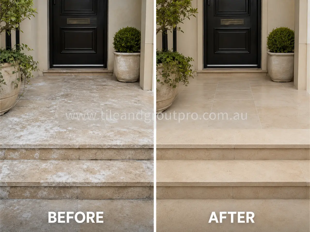 Before-and-after comparison of front entry limestone steps and landing with cloudy sealer residue, dull finish, and surface whitening before Sealer Stripping.