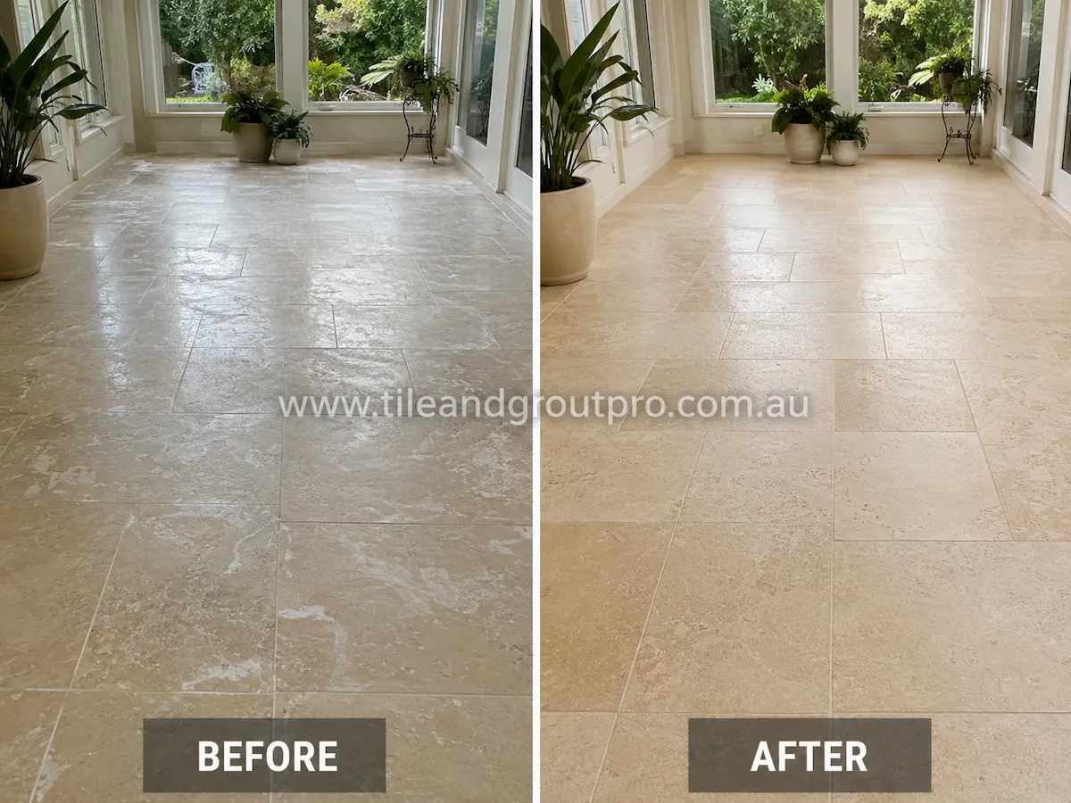 Before-and-after comparison of indoor limestone sunroom floor tiles with hazy sealer coating, dull finish, and uneven surface appearance before Sealer Stripping.