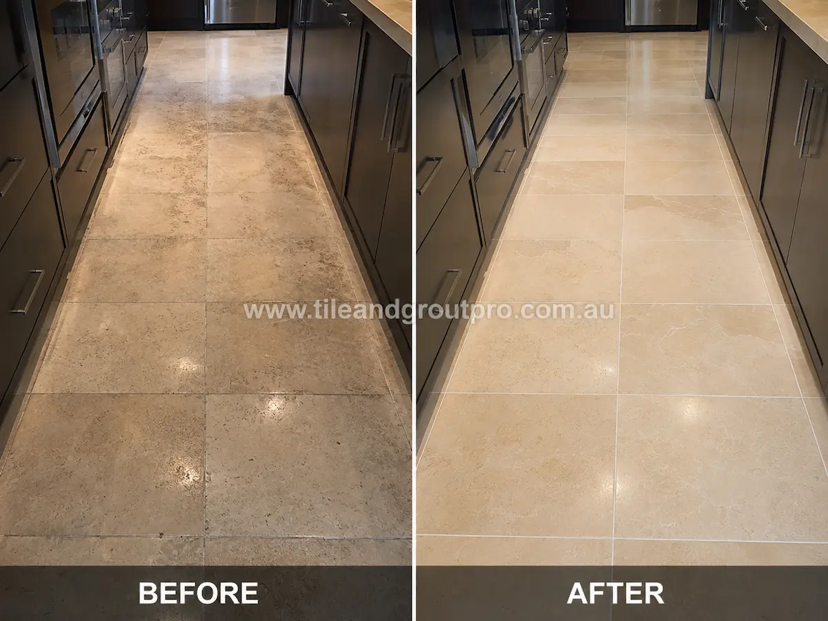 Before-and-after comparison of kitchen limestone floor tiles with dull finish, embedded grime, and uneven sealer residue before Sealer Stripping.