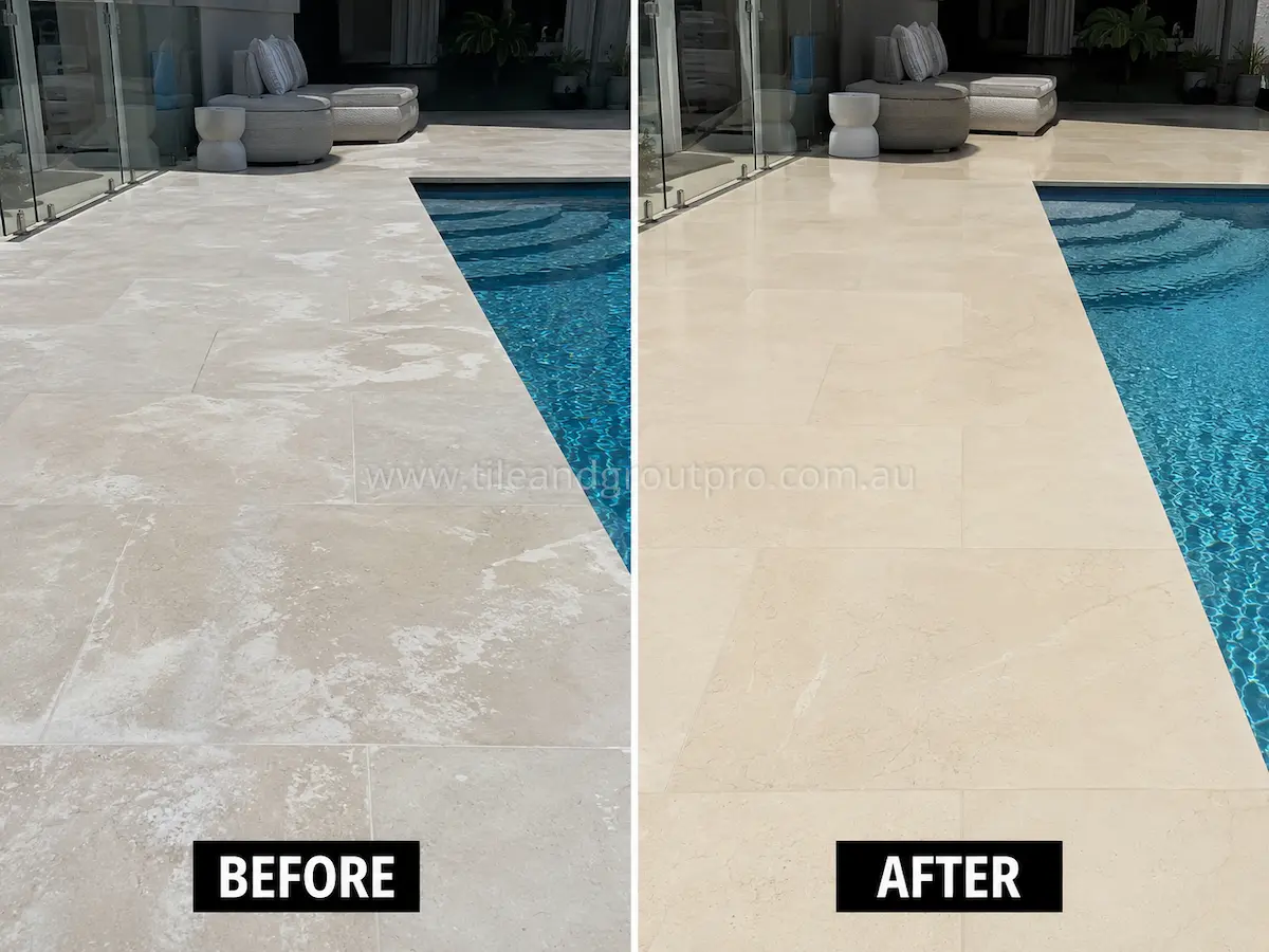 Before-and-after comparison of poolside limestone tiles with patchy sealer residue, dull surface, and whitening before Sealer Stripping.