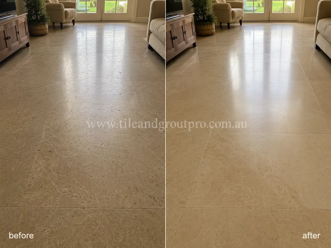 Living room with beige limestone floor tiles before and after scratch removal, showing visible surface scratches and dull wear restored to a smoother polished finish.