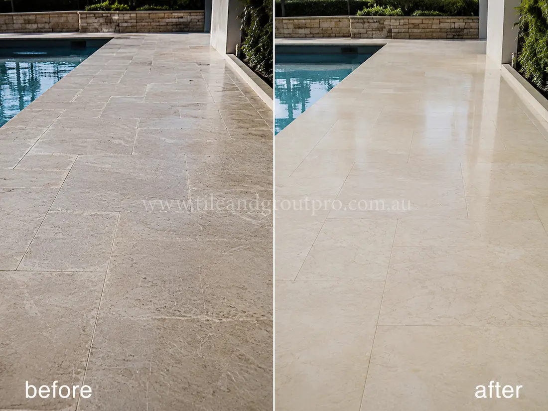Outdoor beige limestone poolside tiles before and after scratch removal, showing worn and dull stone paving restored to a cleaner polished appearance beside a swimming pool.