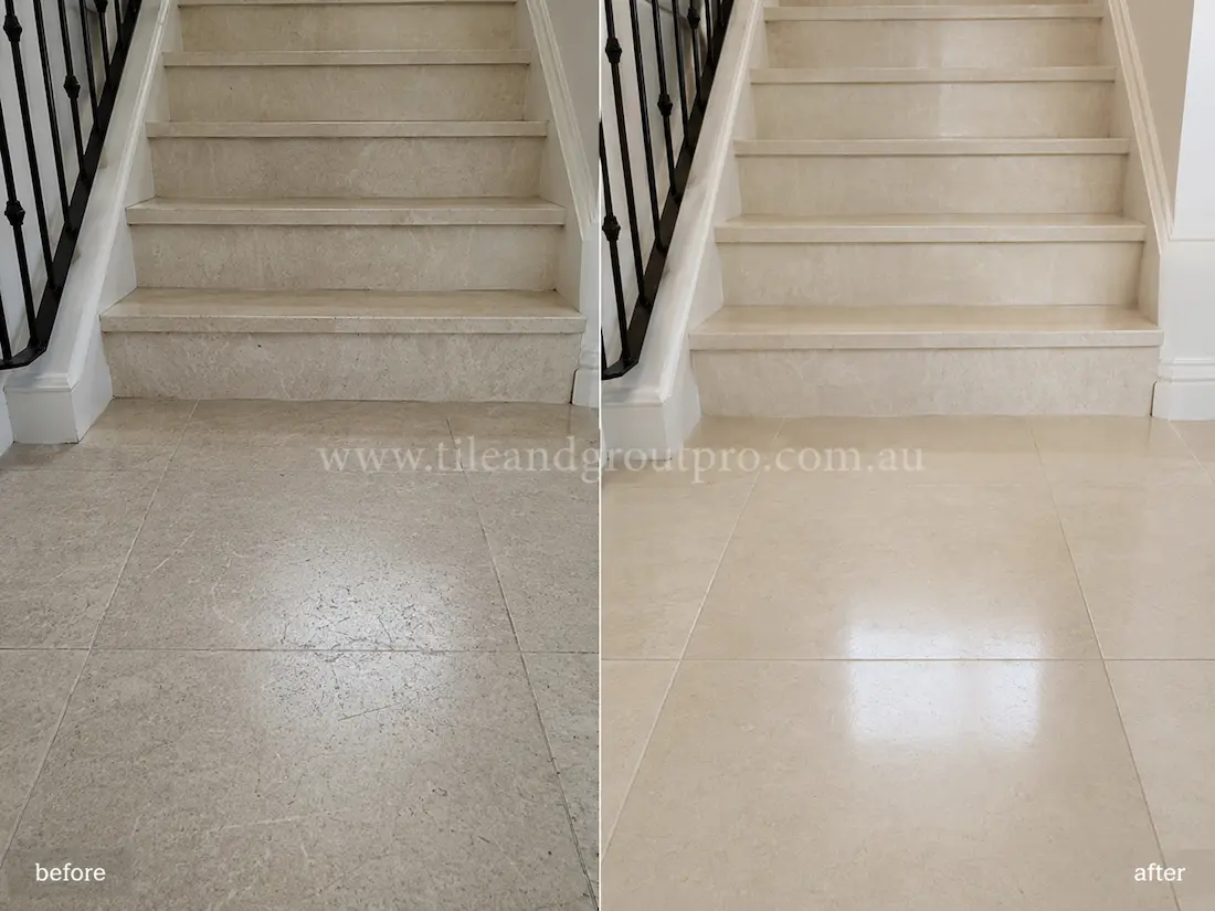 Indoor staircase with beige limestone stair tiles before and after scratch removal, showing scratched and worn natural stone steps restored to a smooth polished finish.