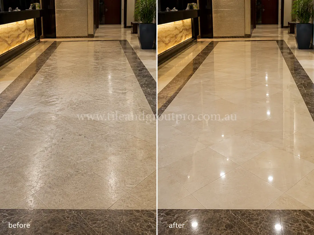 Commercial lobby with cream limestone floor and dark stone borders before and after scratch removal, showing dull scratched tiles refinished to a glossy reflective surface.