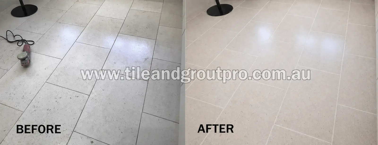 Indoor limestone floor polishing before and after showing improved brightness, smooth finish, and clean grout lines