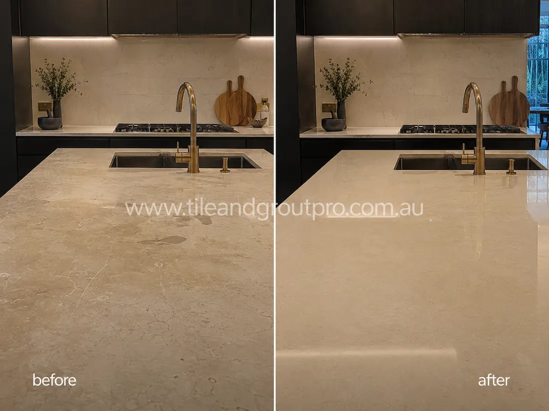 Modern kitchen limestone island benchtop before grinding, showing water etching, dull patches, surface wear, and light scratches around the sink and preparation area.