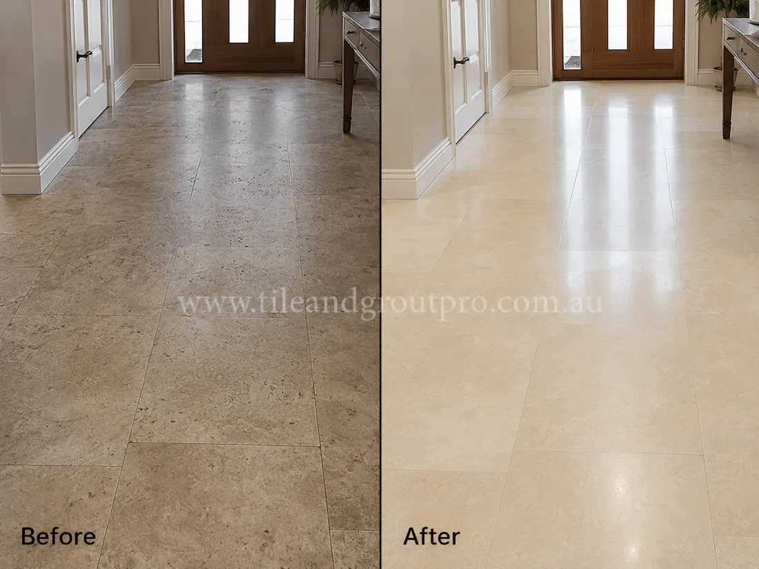 Before tile renewal, the limestone entry hall floor showed darkened traffic wear, surface dullness, and uneven finish near the front doorway.